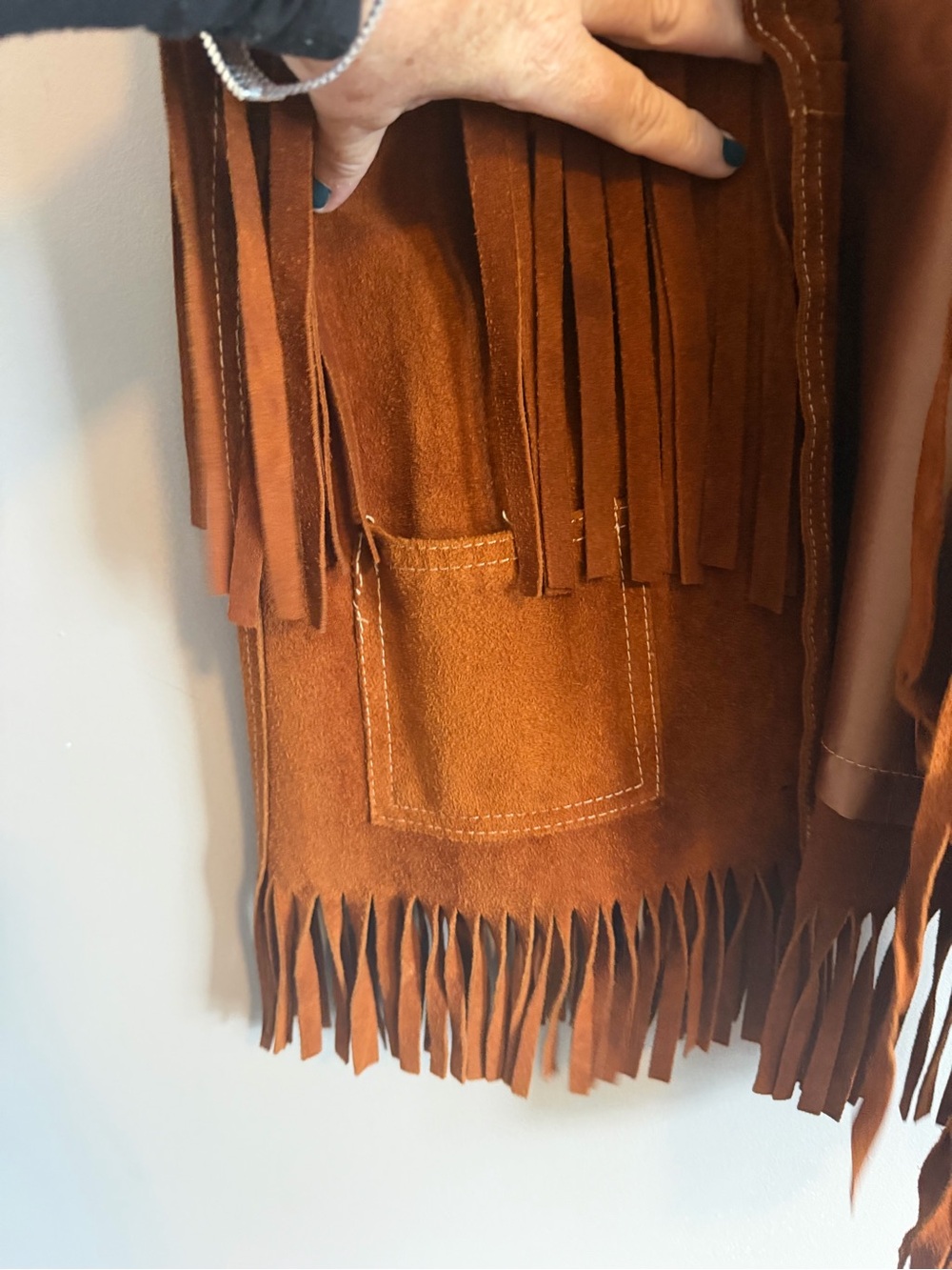 Vintage 70s Suede Leather Fringe Vest Mini Skirt Set Rust Brown XS S - Picture 7 of 13